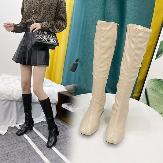 Elizabeth – Knee-High Boots with Square Heel and Round Toe in Vegan Leather