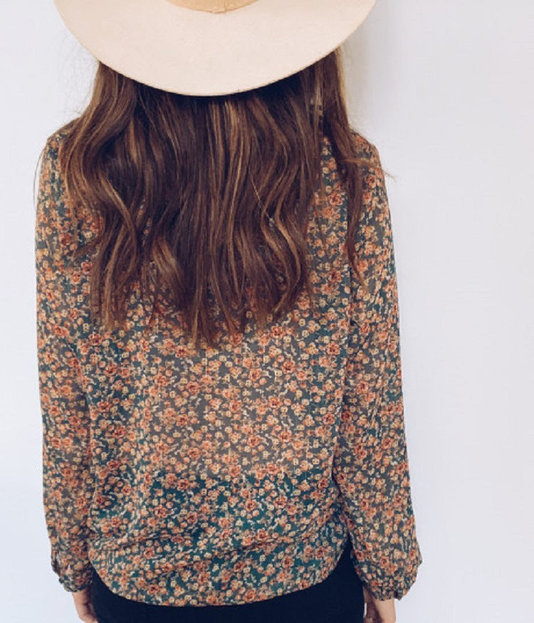 Rachael – Long-Sleeve Chiffon Blouse with Floral Pattern