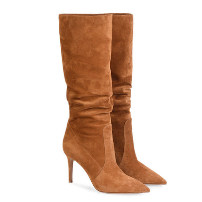 Anna – Fashionable Vegan Suede Stiletto Heel Boots in Brown