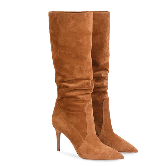 Anna – Fashionable Vegan Suede Stiletto Heel Boots in Brown