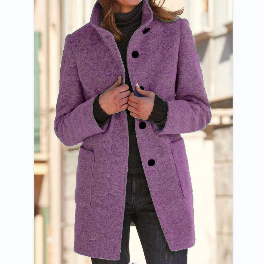 Charlotte – Women's Wool Coat with Stand Collar and Pockets