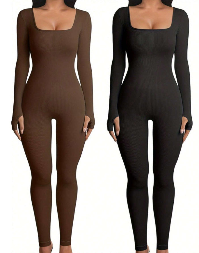 Hannah – Stylish Fitness Jumpsuit with Long Sleeves and Square Neckline