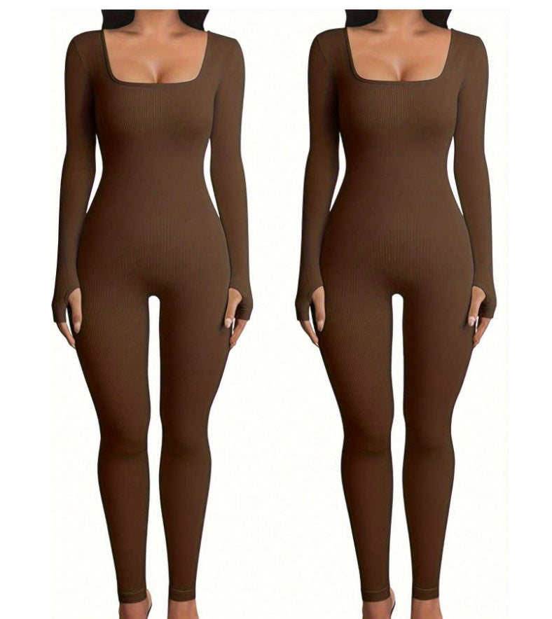 Hannah – Stylish Fitness Jumpsuit with Long Sleeves and Square Neckline