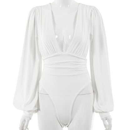 Gillian – Sexy Long Sleeve Bodysuit with Deep V-Neck and Waist
