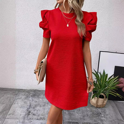 Julia – Puff Sleeve Waist Tunic Dress in Solid Color