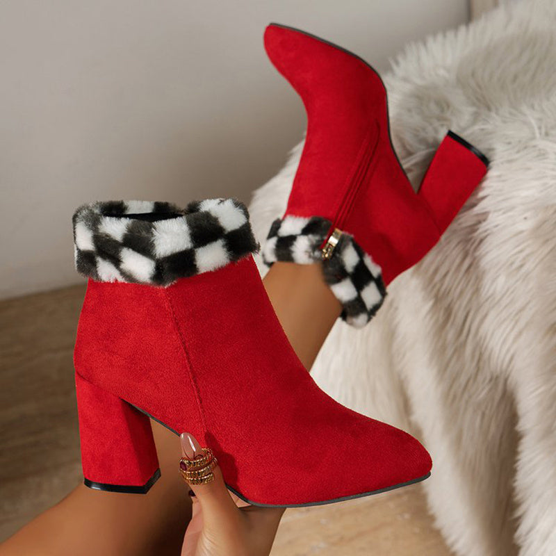 Elizabeth – Fashionable Plush Ankle Boots with Check Pattern and Square Heel