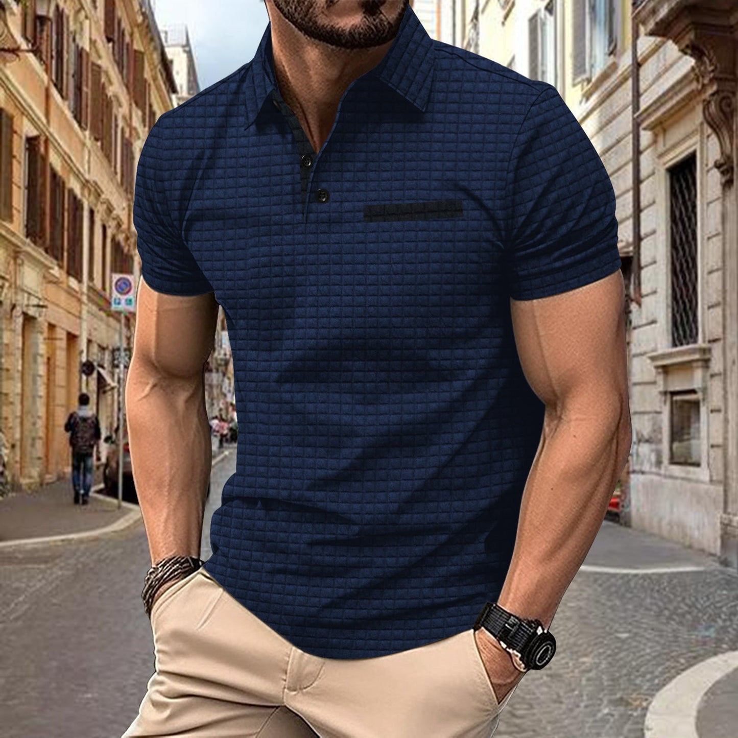 David – Men's Polo Shirt with Jacquard Check Pattern