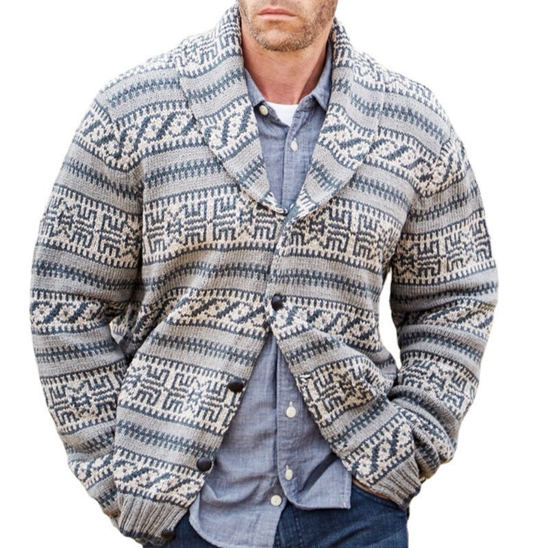 Brendan – Thick Jacquard Lapel Men's Wool Cardigan
