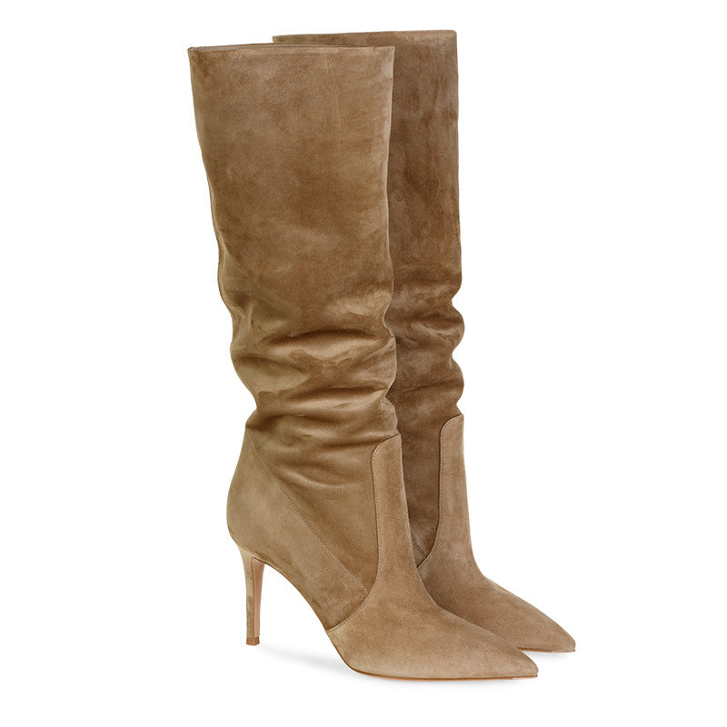 Anna – Fashionable Vegan Suede Stiletto Heel Boots in Brown