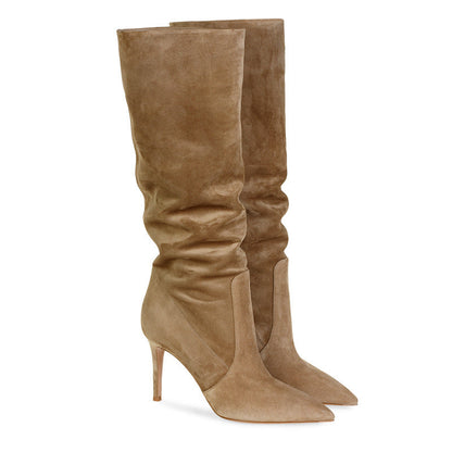 Anna – Fashionable Vegan Suede Stiletto Heel Boots in Brown