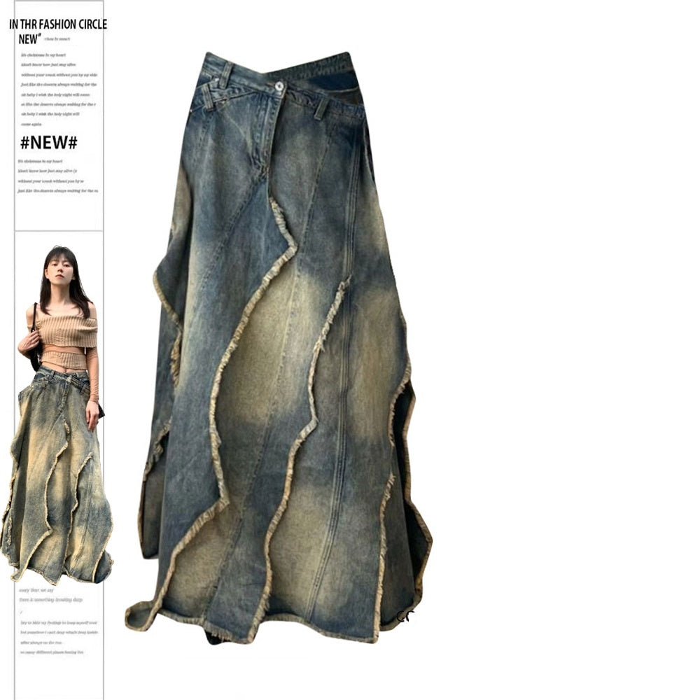 Karen – Retro Y2K Long Denim Skirt with Irregular Texture