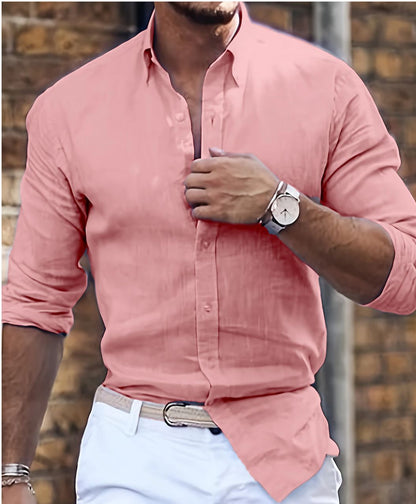 Jake – Long Cotton Linen Shirt with Polo Collar in Casual Style