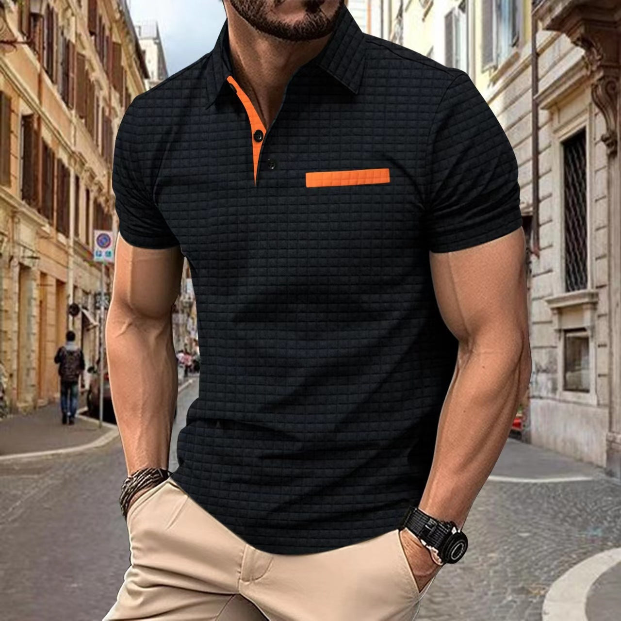 David – Men's Polo Shirt with Jacquard Check Pattern