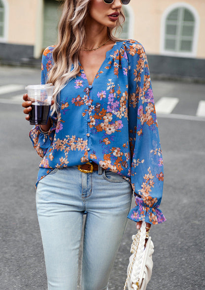Karen – Elegant Women's Blouse with Floral Print and V-Neck