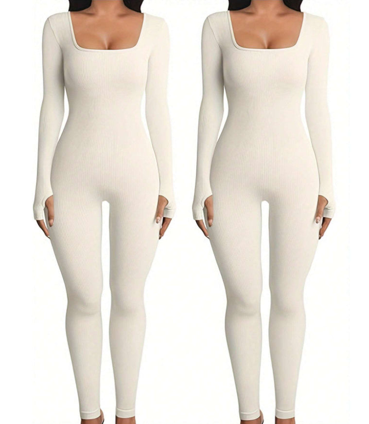 Hannah – Stylish Fitness Jumpsuit with Long Sleeves and Square Neckline