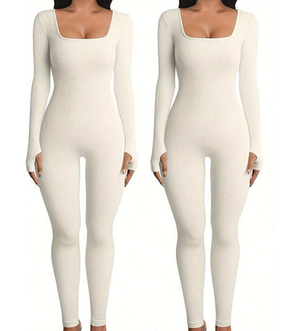 Hannah – Stylish Fitness Jumpsuit with Long Sleeves and Square Neckline