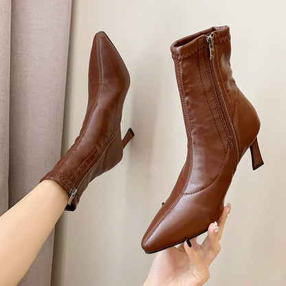Mary – Vegan Leather Pointed Thick Heel Boots