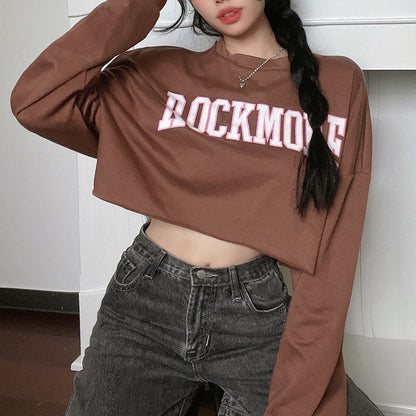 Kim – Harajuku Letter Printed Brown Short Sweatshirt