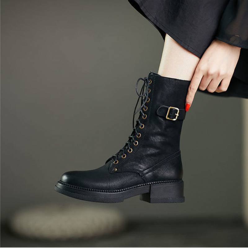 Ann – Mid-Tube Velvet Lace-Up Boots with Thick Heel