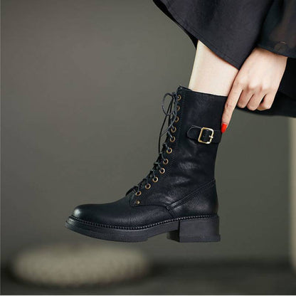 Ann – Mid-Tube Velvet Lace-Up Boots with Thick Heel
