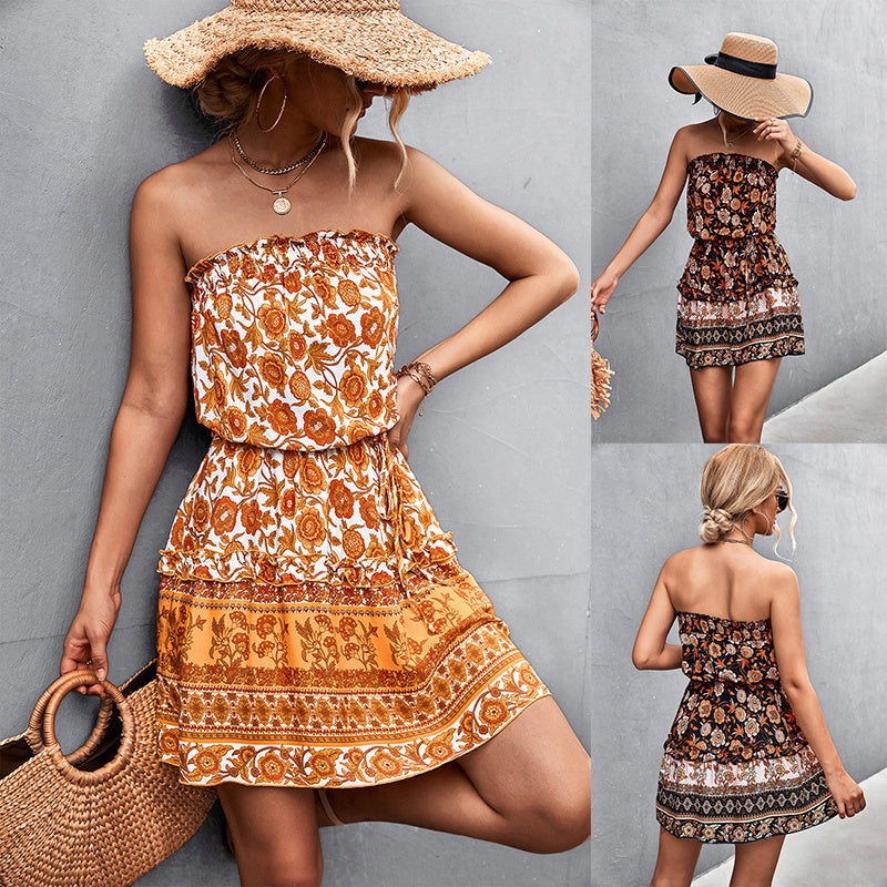 Lucy – Strapless Bohemian Floral Print Summer Beach Dress