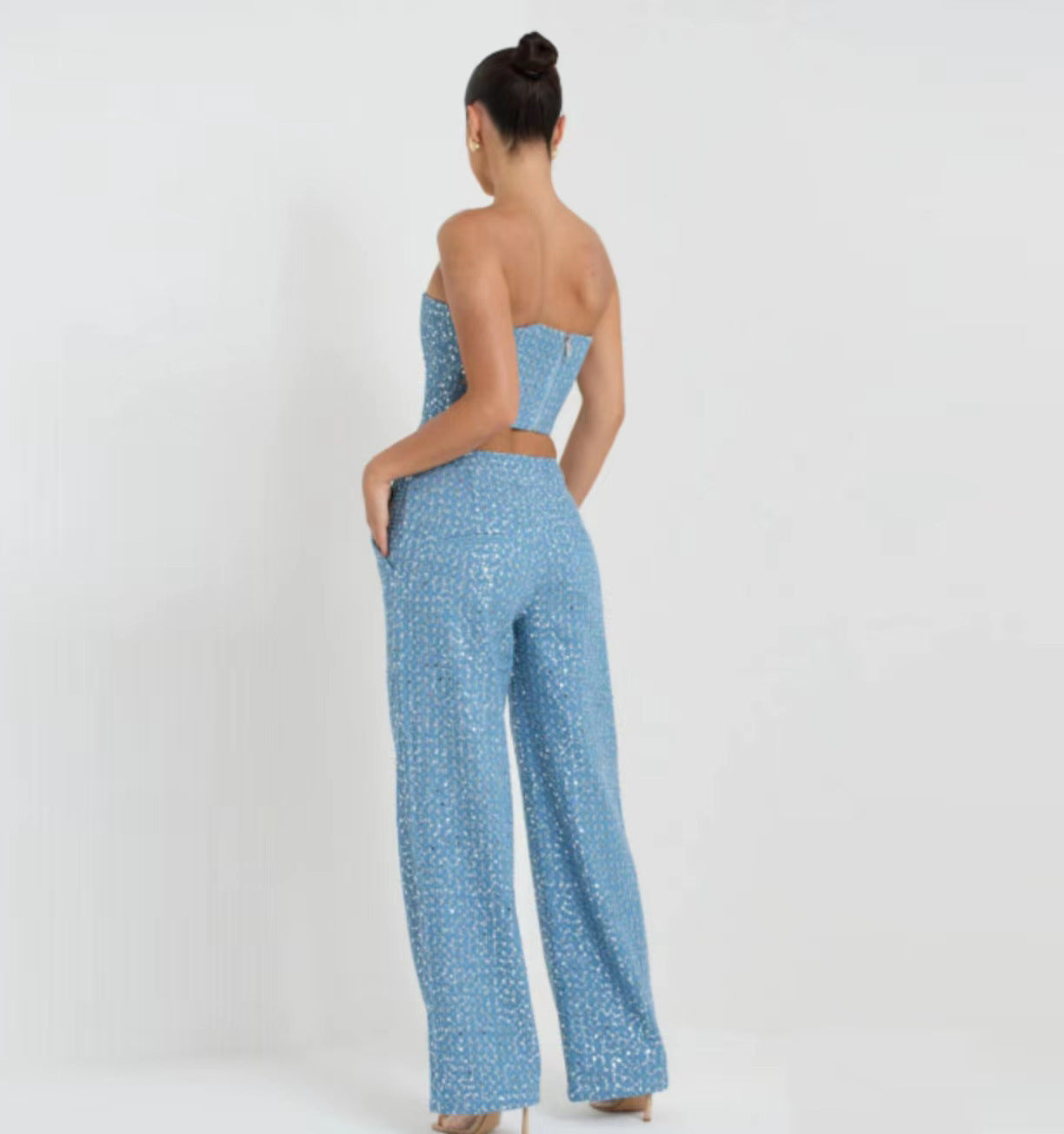Melanie – Fashionable Denim Sequin Tube Top with Wide Pants
