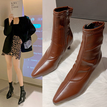 Mary – Vegan Leather Pointed Thick Heel Boots