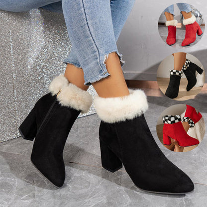 Elizabeth – Fashionable Plush Ankle Boots with Check Pattern and Square Heel