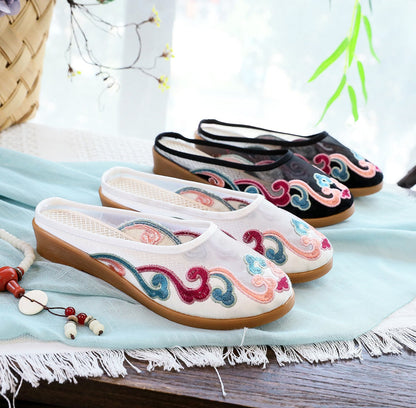 Michelle – Embroidered Cotton Mules in Retro Style