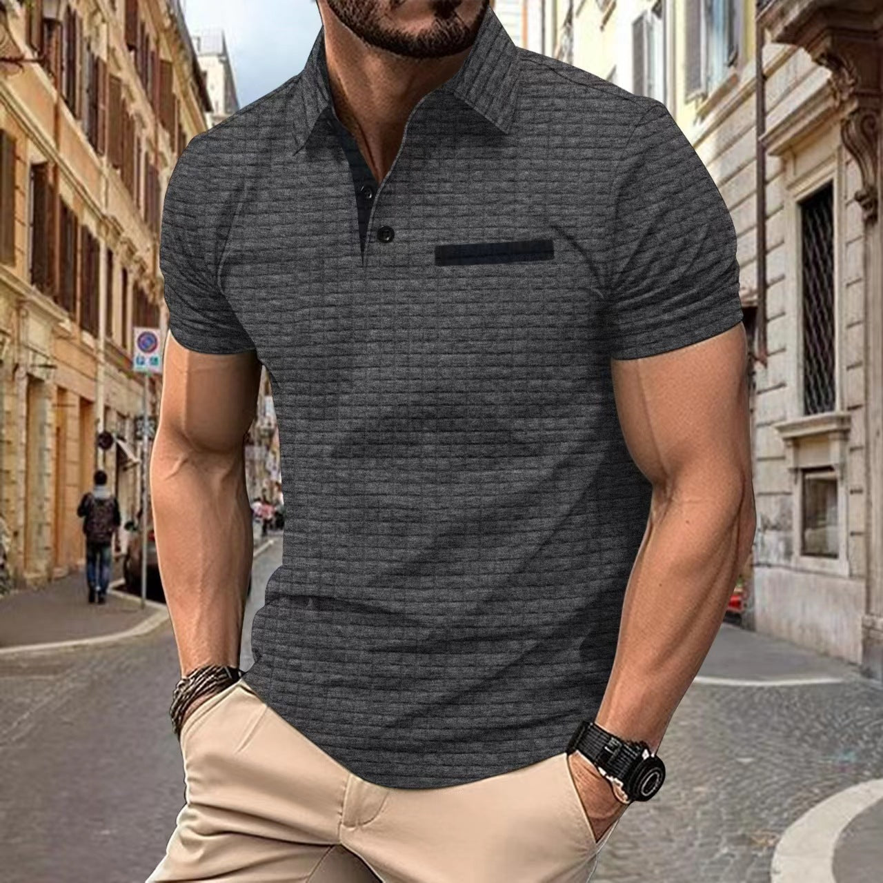 David – Men's Polo Shirt with Jacquard Check Pattern
