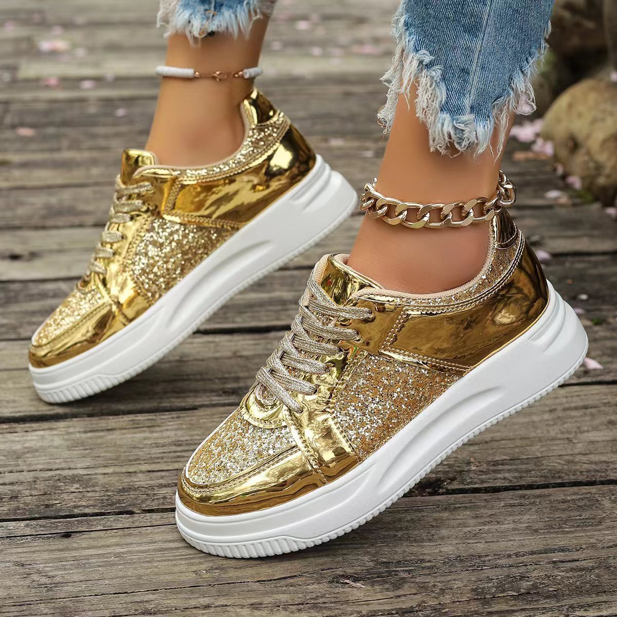 Marie – Lace-Up Sneakers with Sequins and Non-Slip Sole