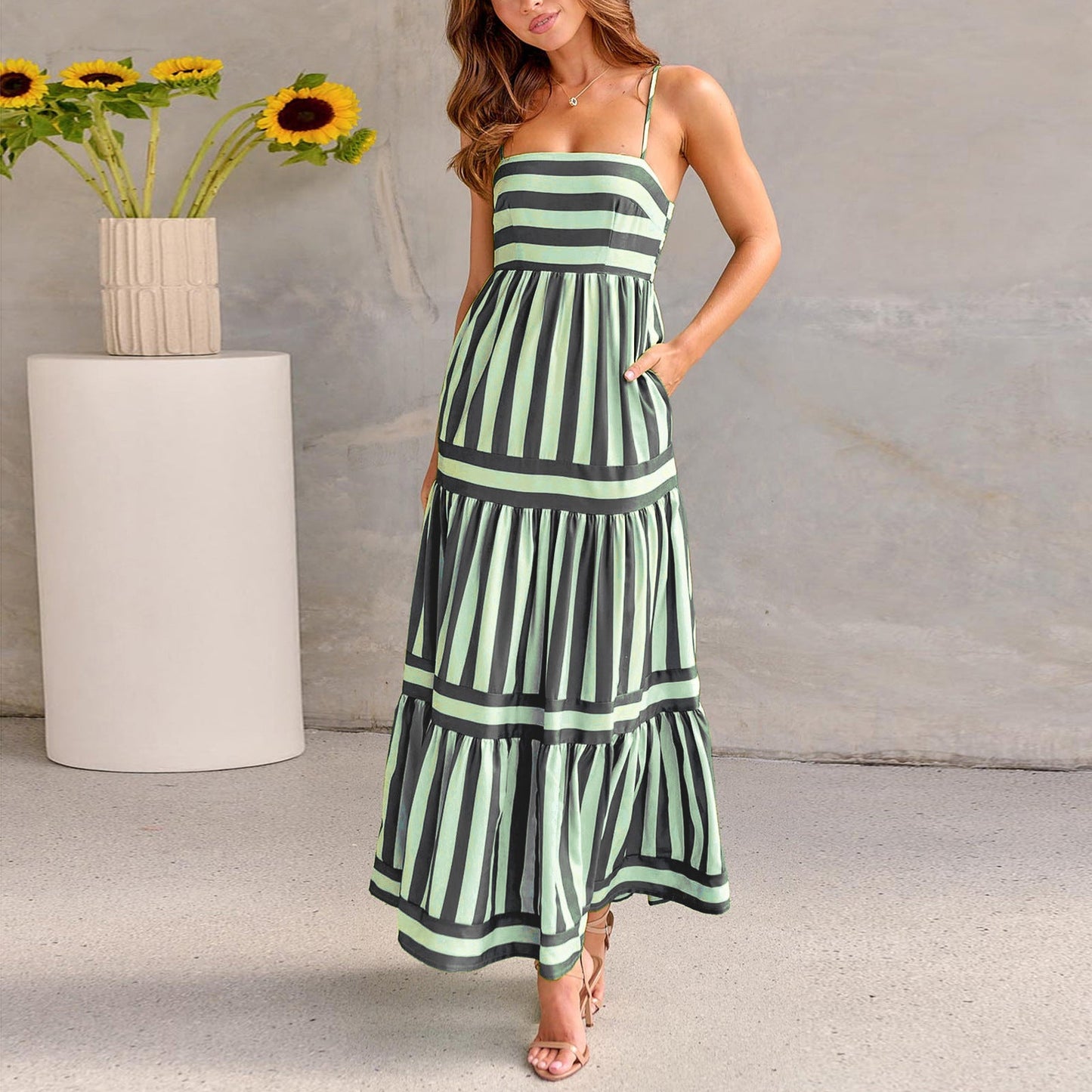 Vanessa – Striped Maxi Dress with Straps and Pockets for Beach Holidays
