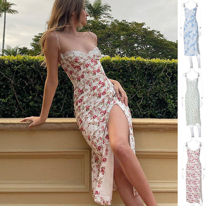 Gillian – Long Dress with Lace Floral Pattern and Sexy Slit