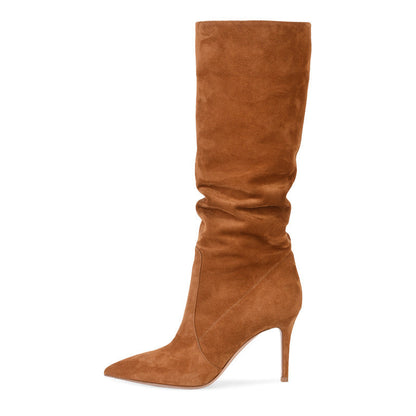 Anna – Fashionable Vegan Suede Stiletto Heel Boots in Brown
