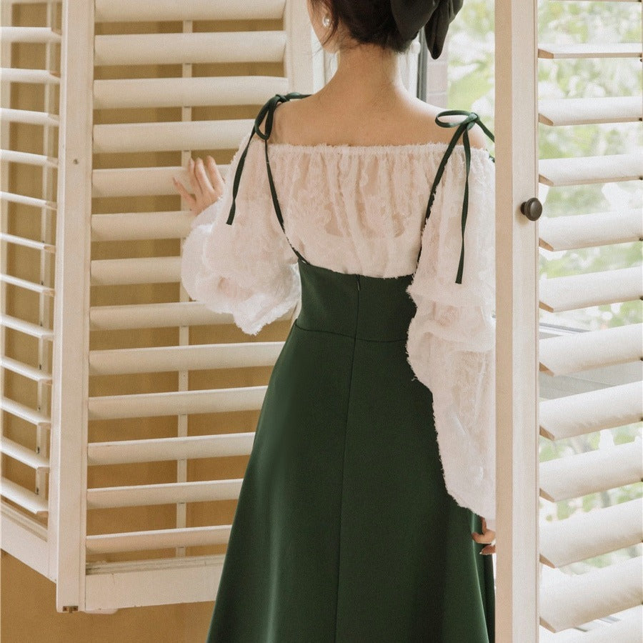 Jessie – Elegant Long-Sleeve Top with Suspender Skirt