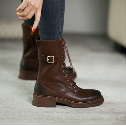 Ann – Mid-Tube Velvet Lace-Up Boots with Thick Heel