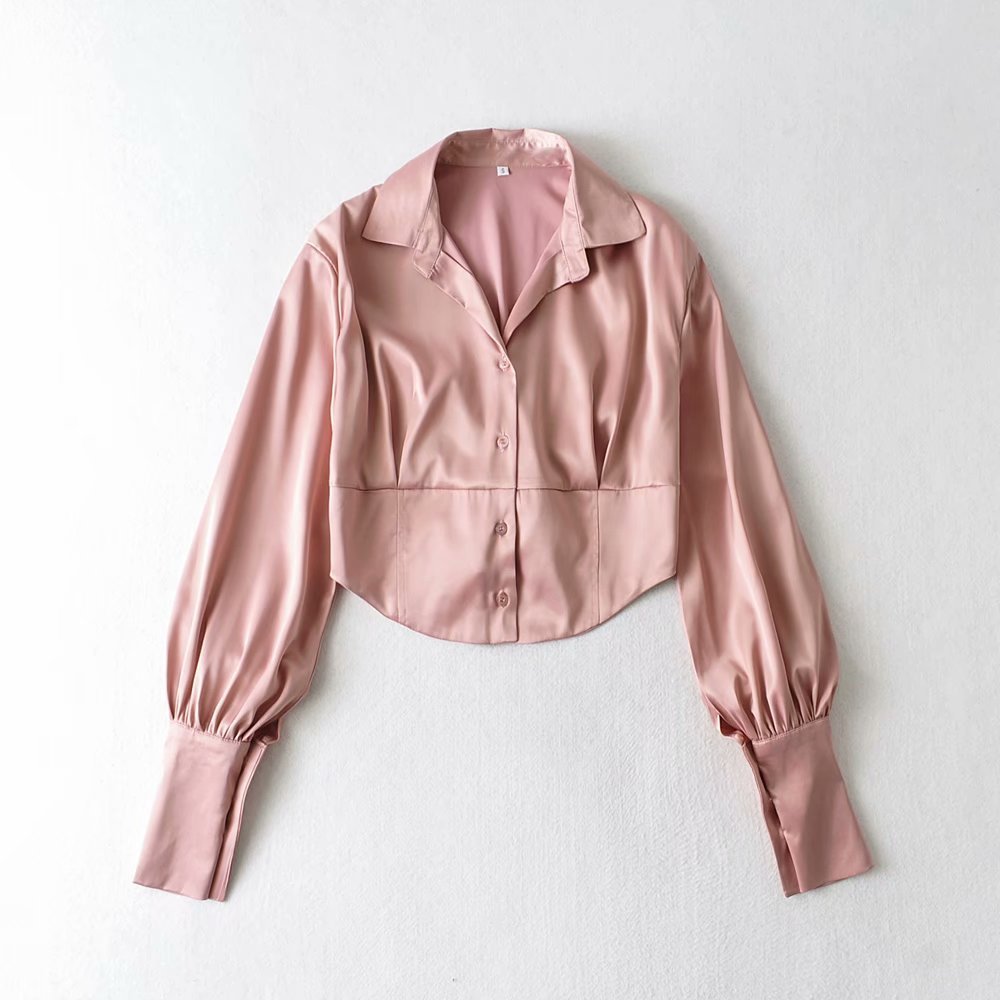 Lydia – Women's Satin Shirt with Lace-Up and Lantern Sleeves