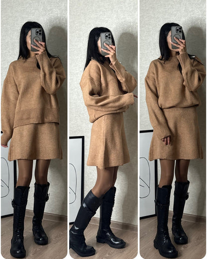 Heather – Elegant Knit Set with Skirt for Women, Two-Piece Long Sleeve