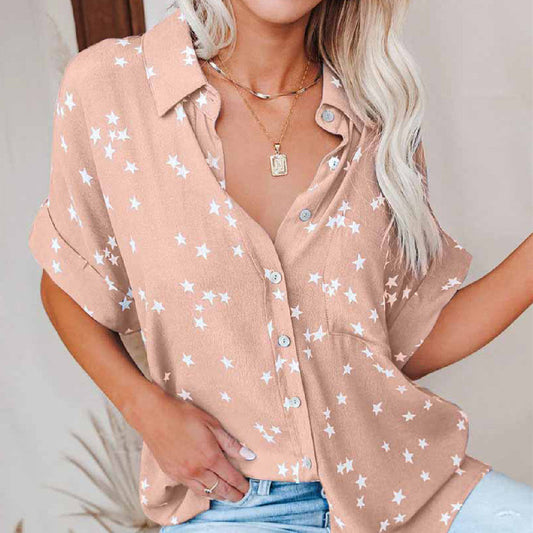 Lucy – Short V-Neck T-Shirt with Star Pattern