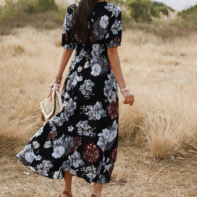 Angela – Floral Summer Beach Dress with V-Neck and Elastic Waist