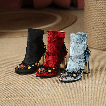 Amelia – Embroidered Women's Boots with Pearl Accents and Zipper