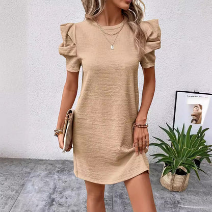 Julia – Puff Sleeve Waist Tunic Dress in Solid Color