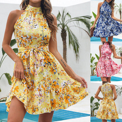 Kathryn – Summer Floral Halterneck Dress with Ruffles