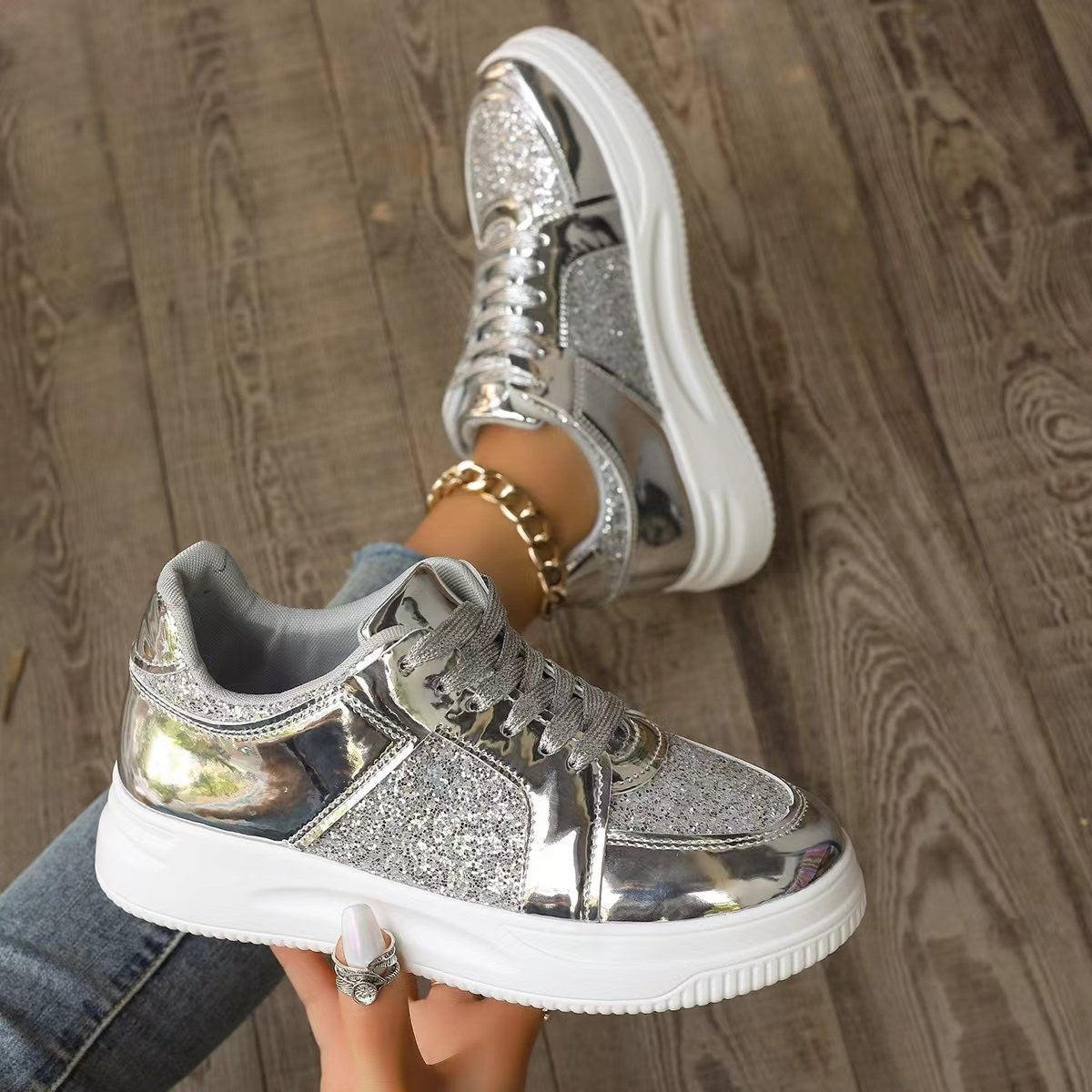Marie – Lace-Up Sneakers with Sequins and Non-Slip Sole
