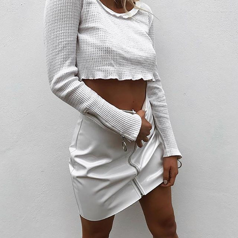 Adele – Short Skirt with Ring Zipper in Premium Glossy Vegan Leather