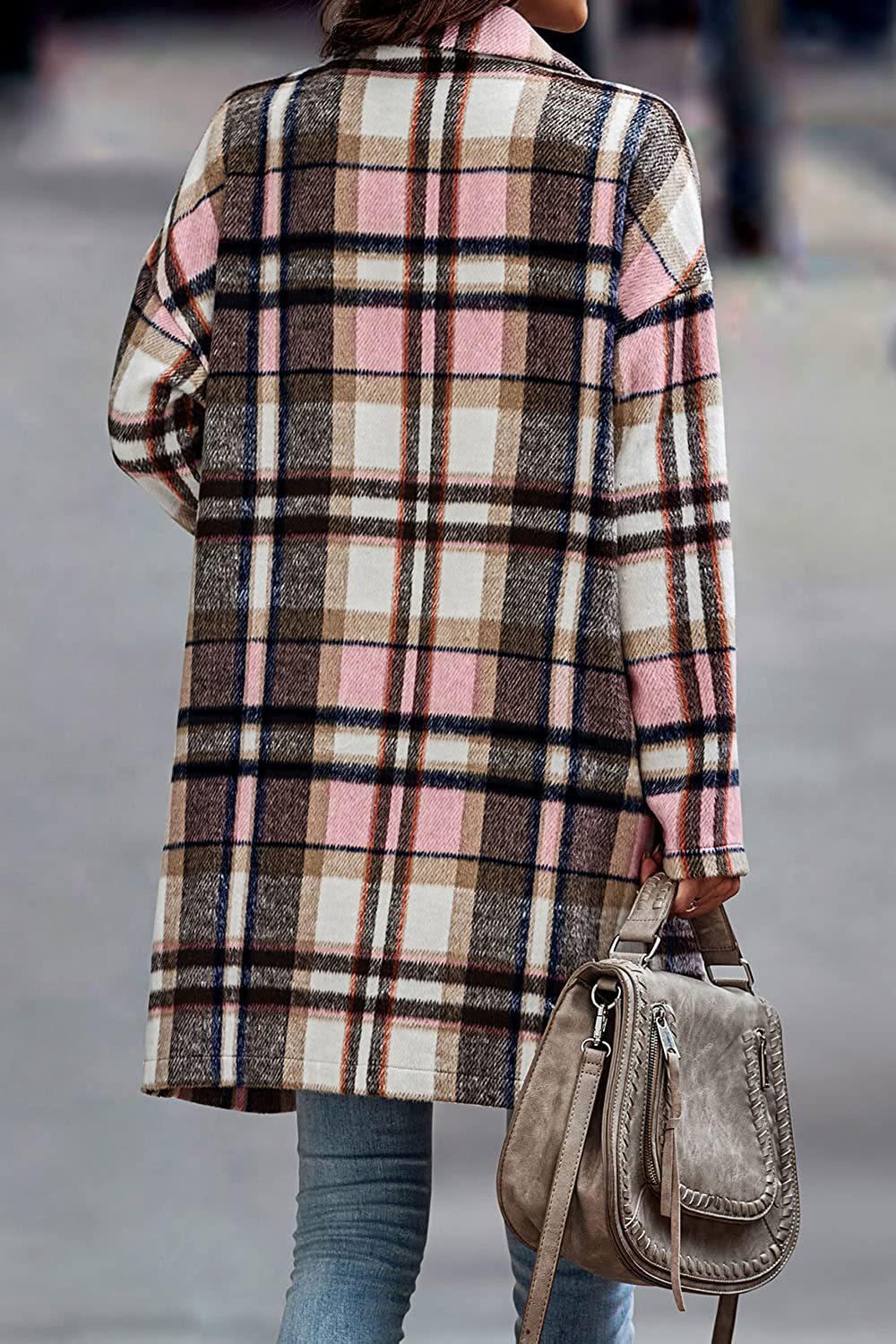 Kate – Long Wool Coat with Pockets and Plaid Pattern
