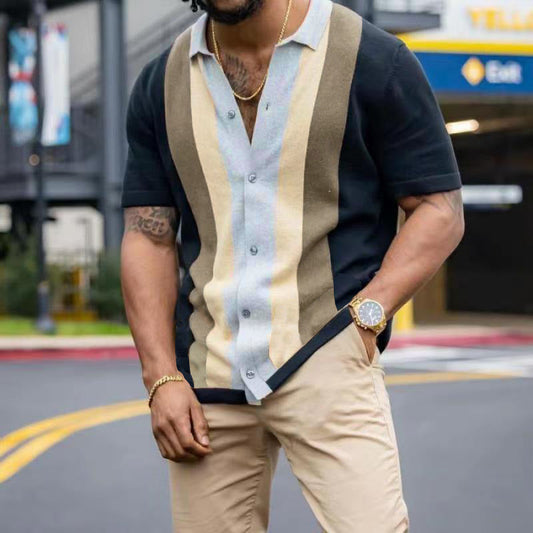 Steve – Striped Men's Casual Short Sleeve Knit Cardigan T-Shirt