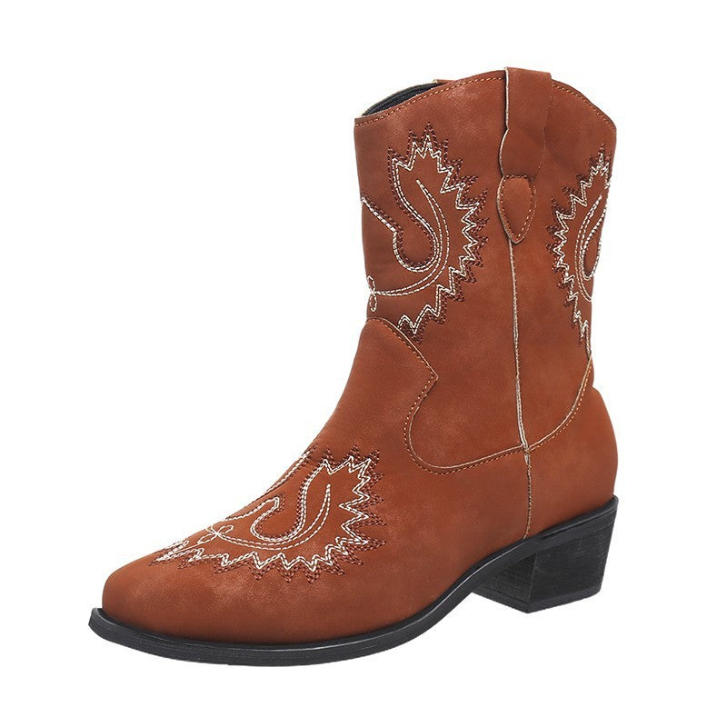 Joan – Embroidered Western Boots with Chunky Heel