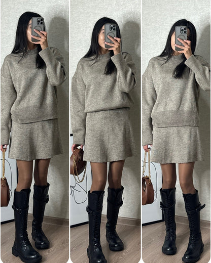 Heather – Elegant Knit Set with Skirt for Women, Two-Piece Long Sleeve