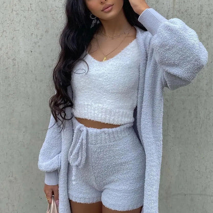Lauren – Three-Piece Plush Set with Spaghetti Strap Top and Shorts